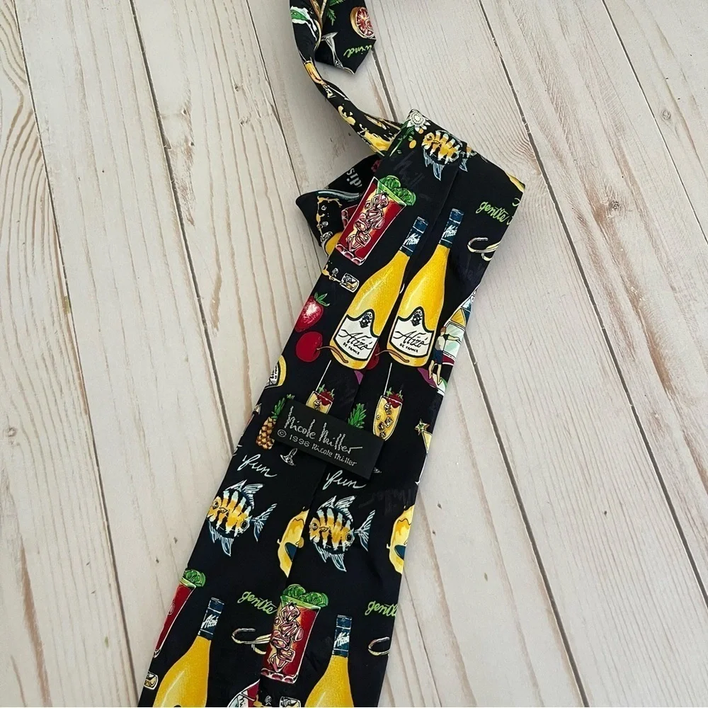 Vintage 90s Nicole Miller Silk Novelty Print Tie Colorful Graphic Paradise